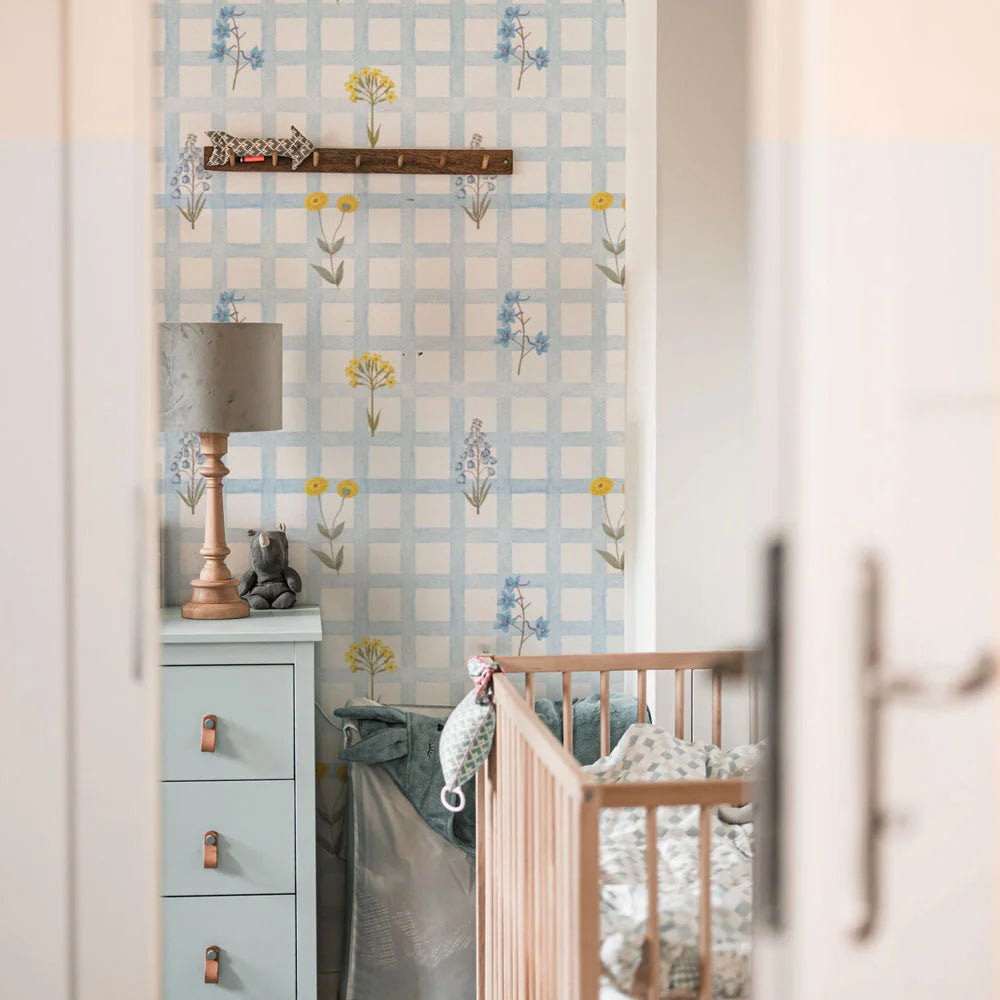 Wallpaper - Meadow Flowers on Check Blue - Le Petit Marché Home Furniture