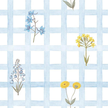 Wallpaper - Meadow Flowers on Check Blue - Le Petit Marché Home Furniture