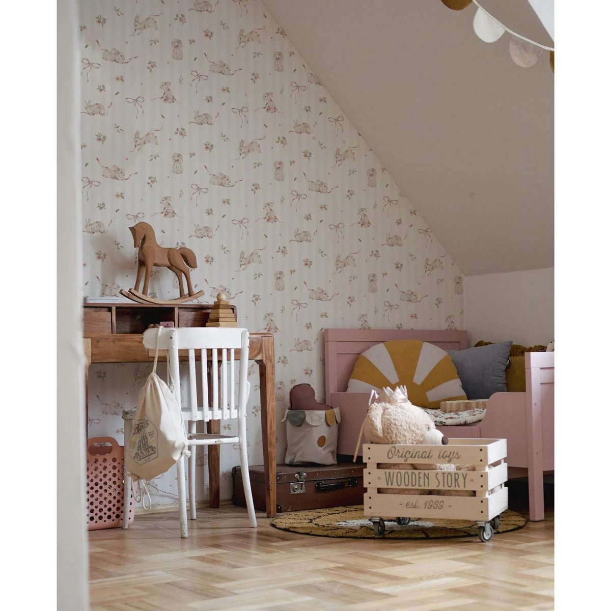 Wallpaper - Pink Rabbits On Stripes - Le Petit Marché Home Furniture