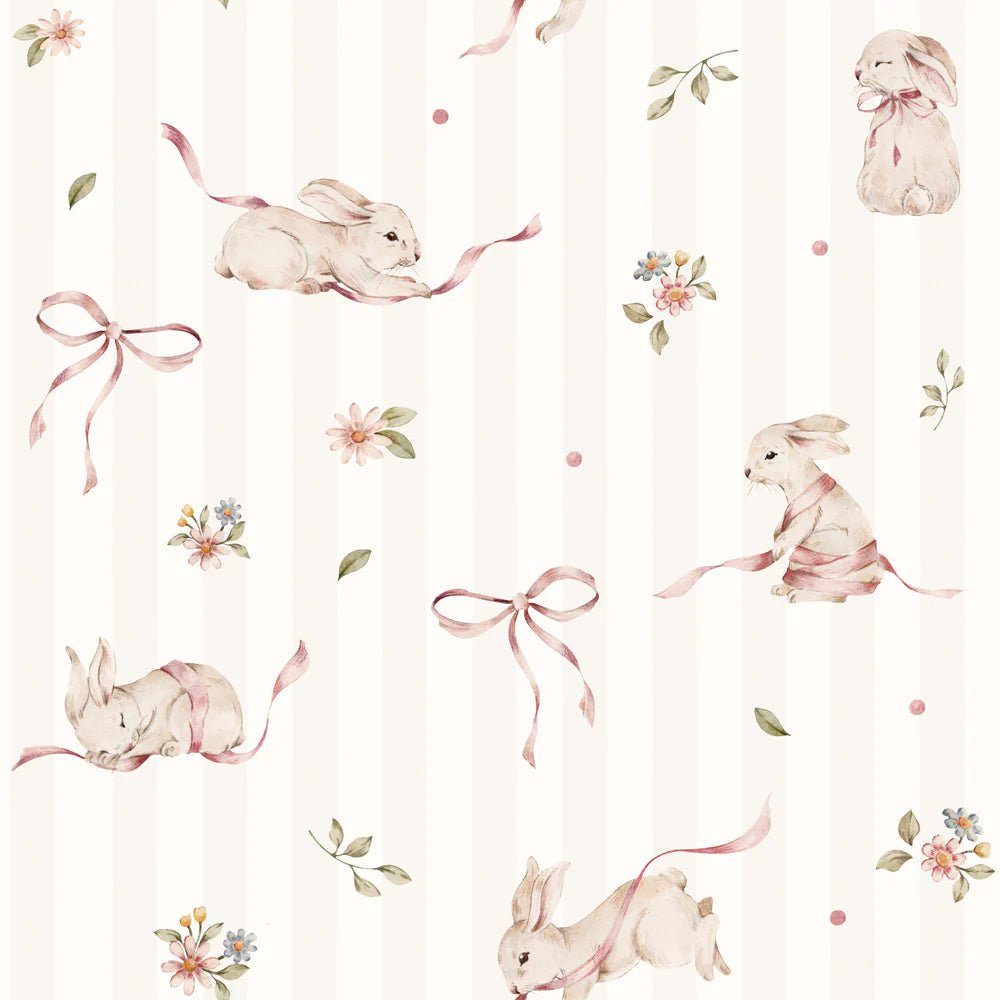 Wallpaper - Pink Rabbits On Stripes - Le Petit Marché Home Furniture