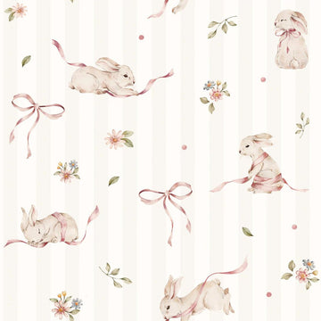 Wallpaper - Pink Rabbits On Stripes - Le Petit Marché Home Furniture