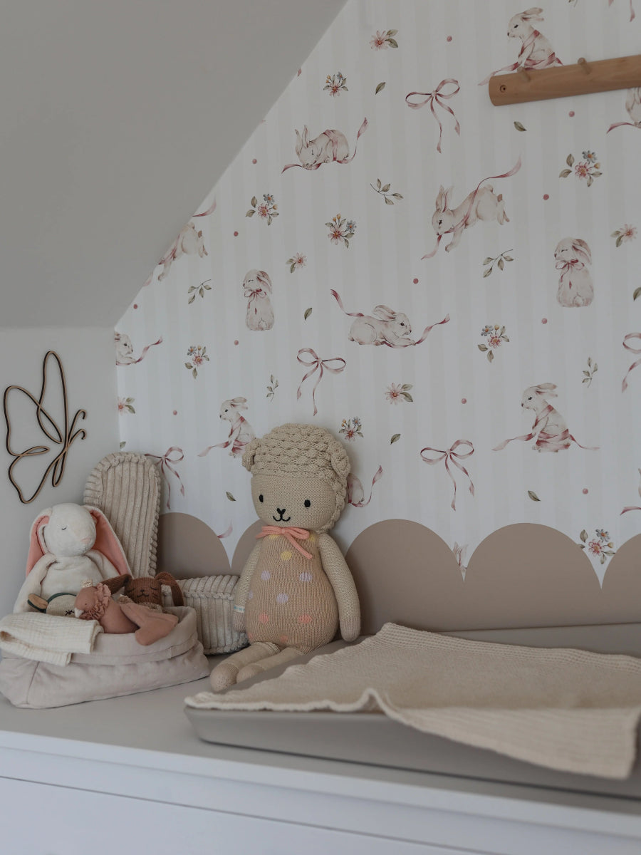 Wallpaper - Pink Rabbits On Stripes - Le Petit Marché Home Furniture