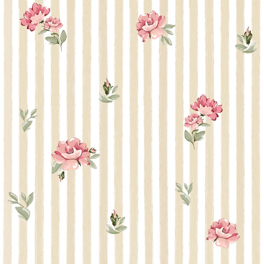 Wallpaper - Pink Roses on Stripes - Le Petit Marché Home Furniture