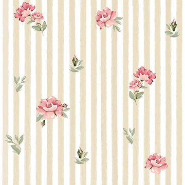 Wallpaper - Pink Roses on Stripes - Le Petit Marché Home Furniture