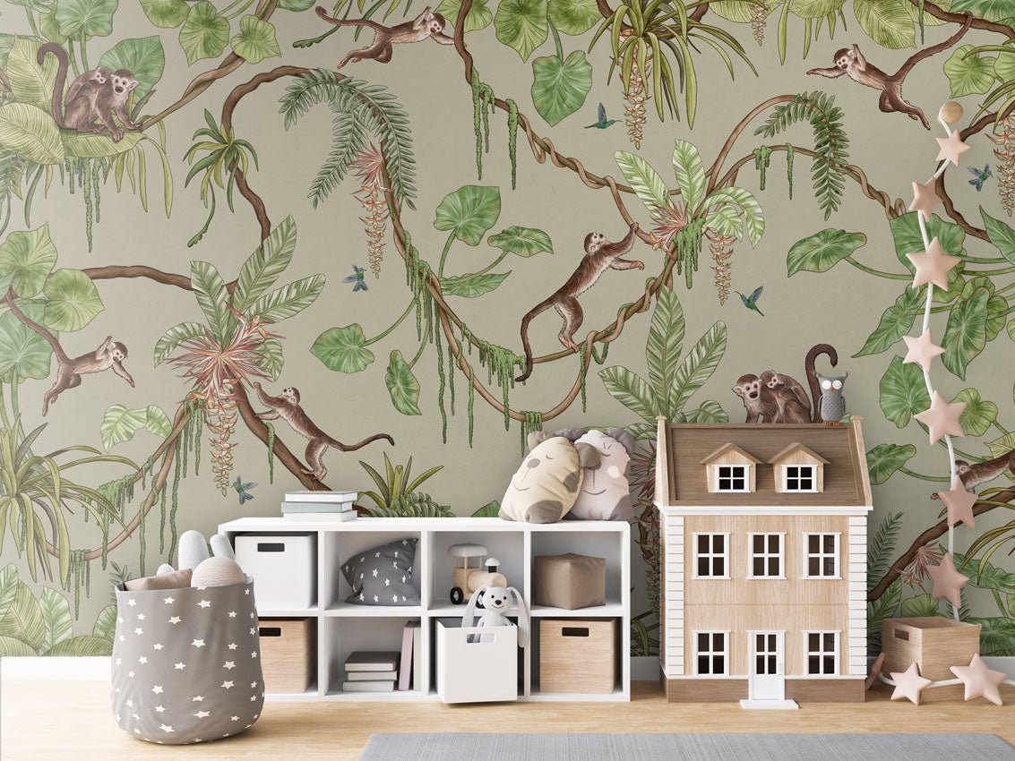 Wallpaper - Playful Monkeys - Green (Pre - Order) - LPM Home