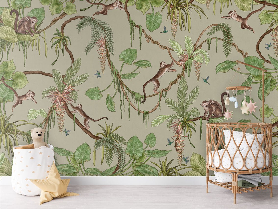 Wallpaper - Playful Monkeys - Green (Pre - Order) - LPM Home