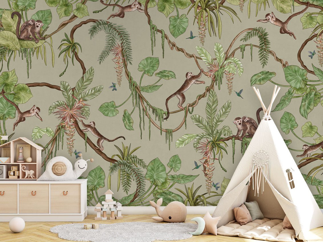 Wallpaper - Playful Monkeys - Green (Pre - Order) - LPM Home