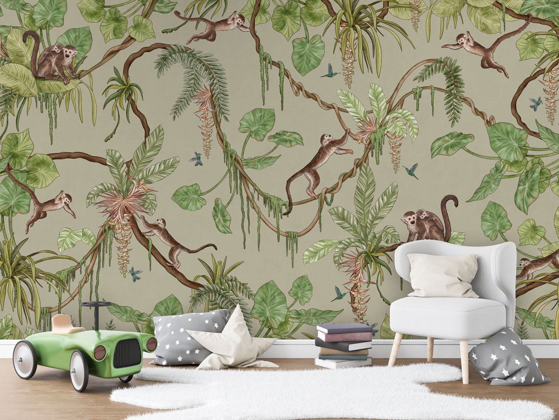 Wallpaper - Playful Monkeys - Green (Pre - Order) - LPM Home
