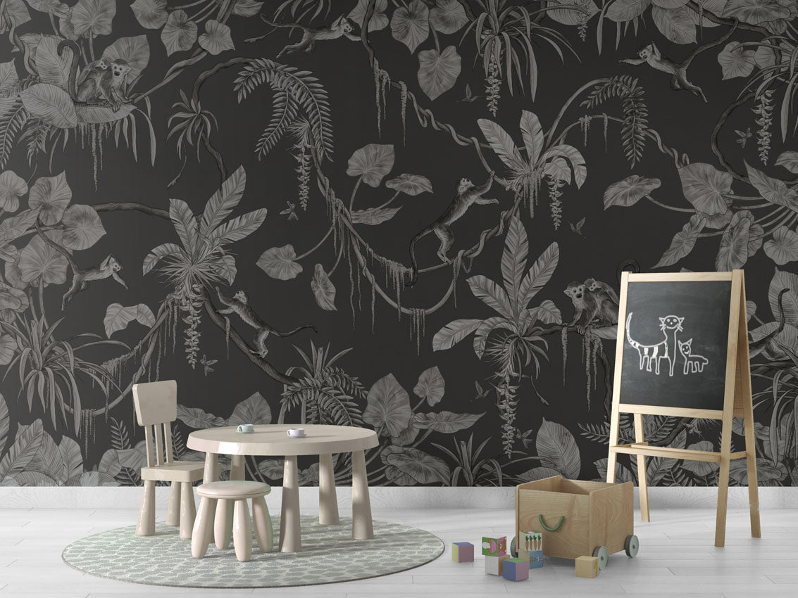 Wallpaper - Playful Monkeys - Monochrome - Black (Pre - Order) - LPM Home