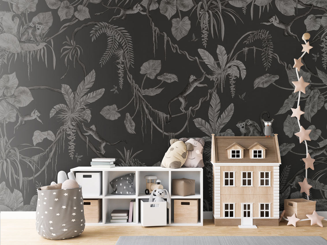 Wallpaper - Playful Monkeys - Monochrome - Black (Pre - Order) - LPM Home