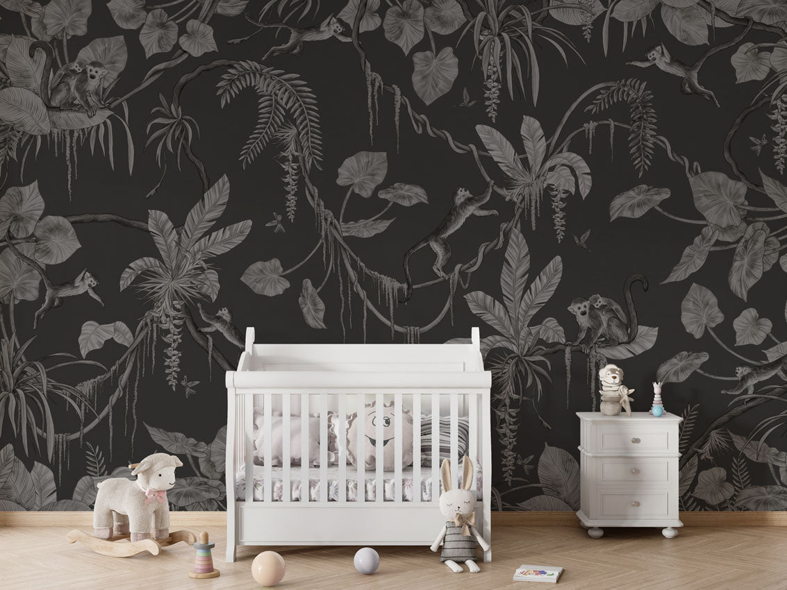 Wallpaper - Playful Monkeys - Monochrome - Black (Pre - Order) - LPM Home