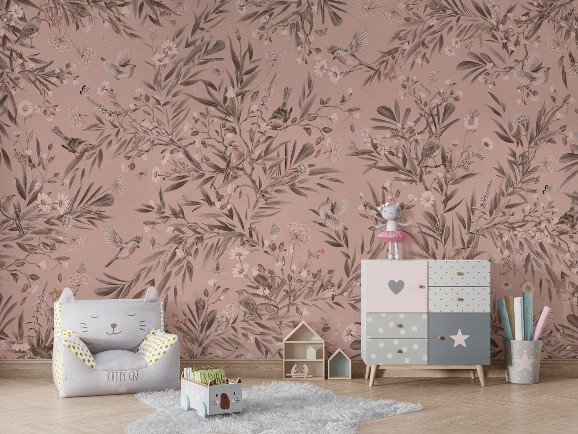 Wallpaper - Playful Robins - Monochrome - Pink (Pre - Order) - LPM Home