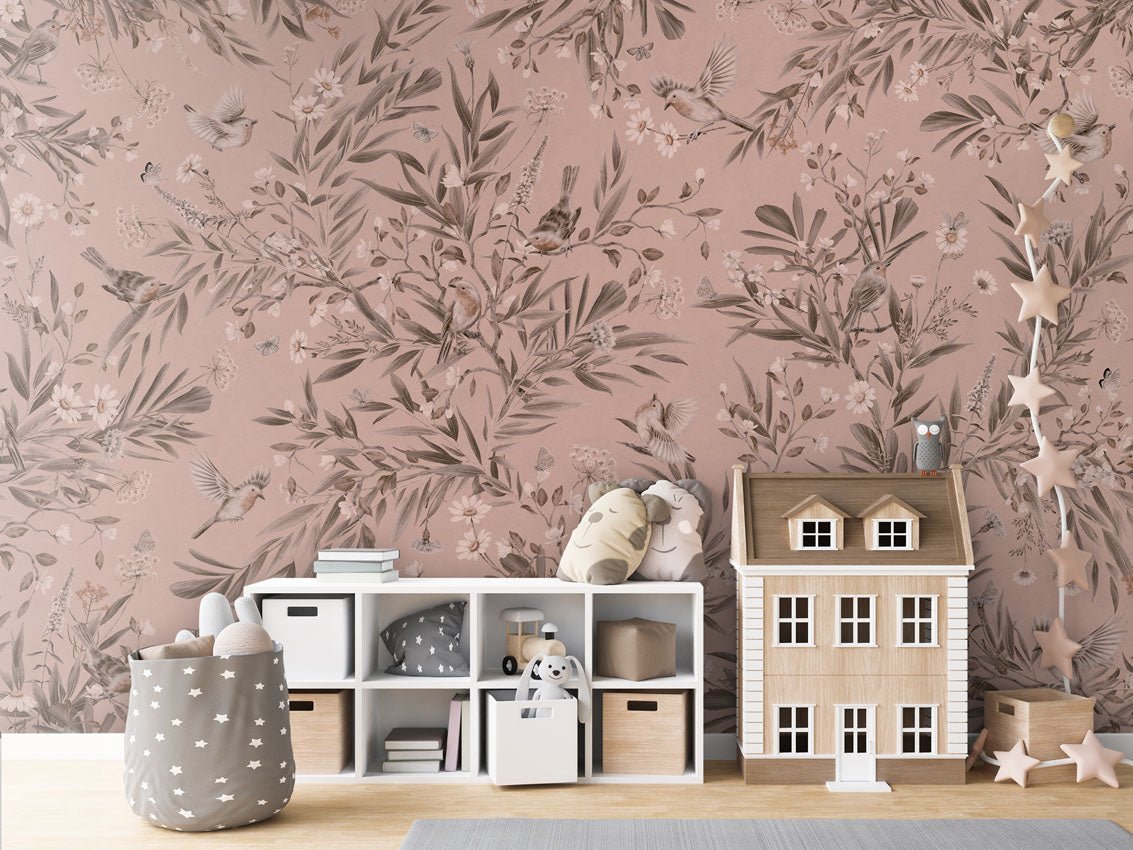Wallpaper - Playful Robins - Monochrome - Pink (Pre - Order) - LPM Home