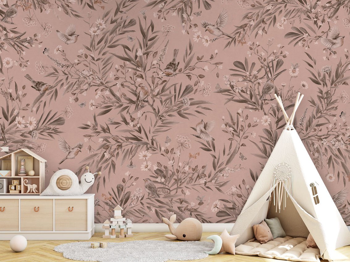 Wallpaper - Playful Robins - Monochrome - Pink (Pre - Order) - LPM Home
