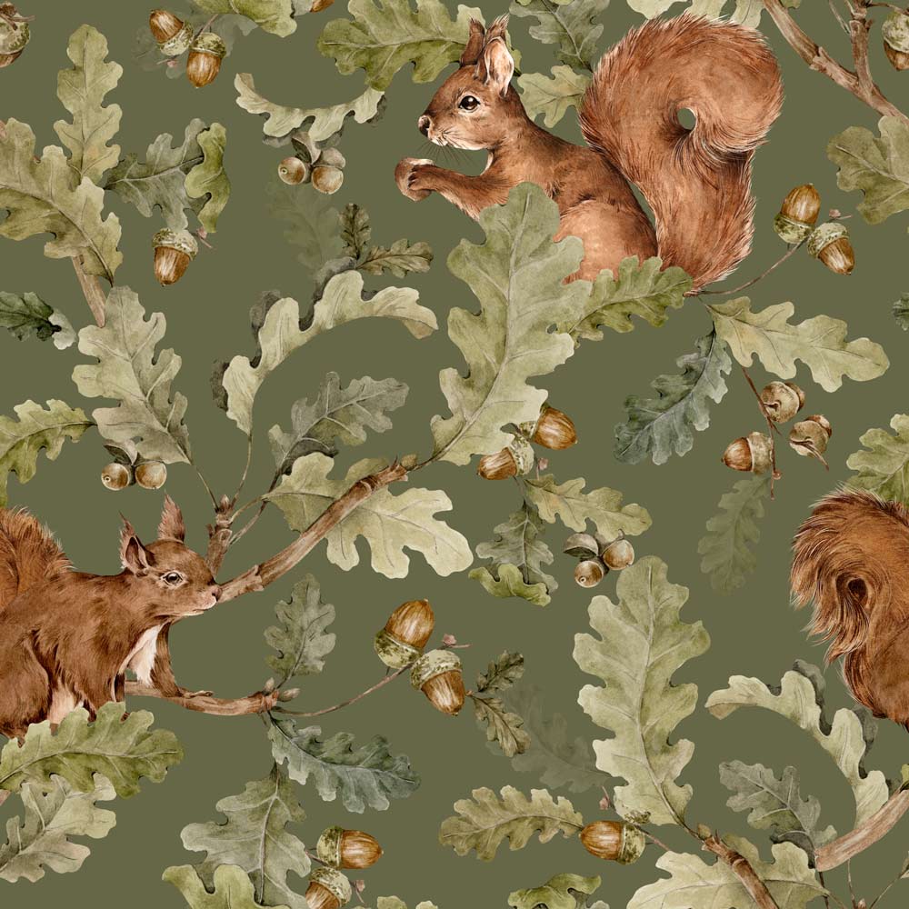 Wallpaper - Squirrels in Green - Le Petit Marché Home Furniture