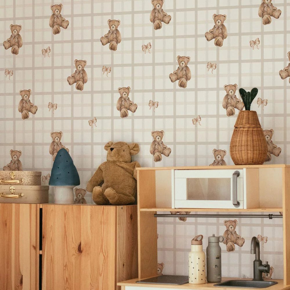 Wallpaper - Teddy Bears on Check Beige - Le Petit Marché Home Furniture